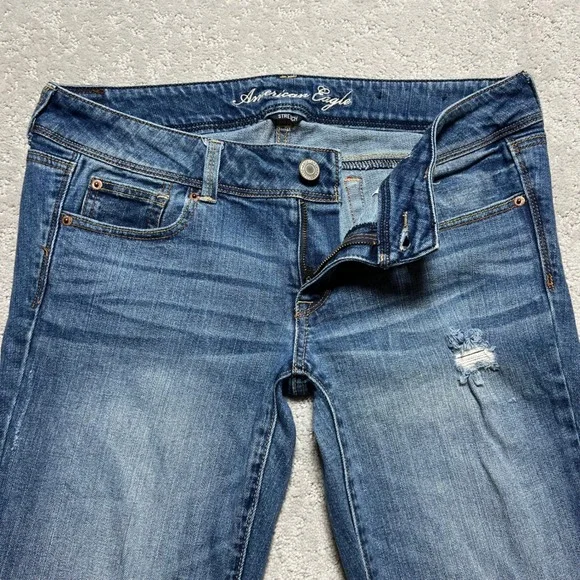 American Eagle Jeans Womens 12 Long Slim Boot Blue Denim Stretch Low Rise Y2k - Picture 1 of 16